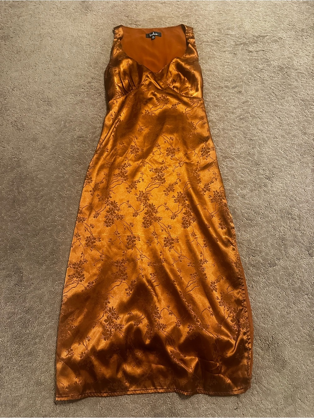 Lulu's Copper Floral Satin Midi Slip Dress